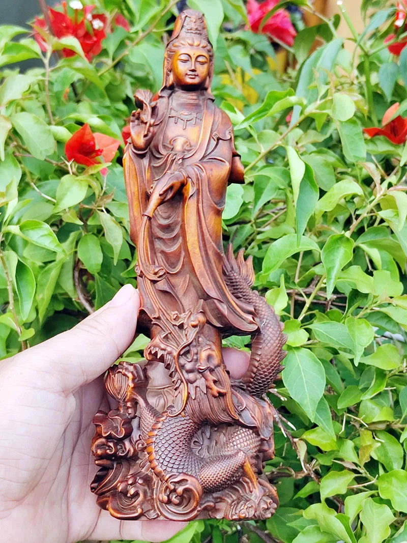 BY193 - Estatueta de buxo esculpida 22 x 9 x 8 cm - Guan yin Kuan-yin Fairy & Dragon