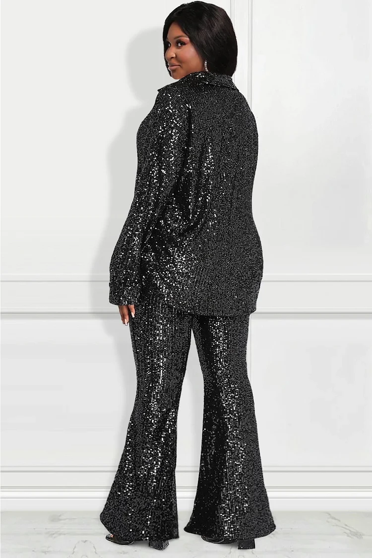 Plus Size Semi Formal Set Black Sequin Long Sleeve Flare Leg Two Pieces Pants Set