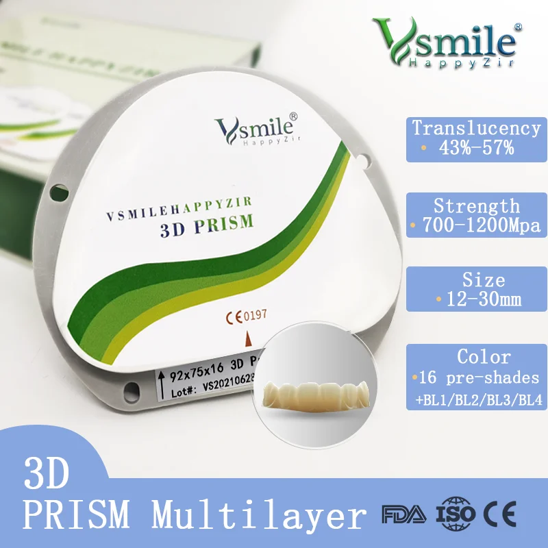 Dental A1-D4 Gradual Translucent 3D Prism Multilayer Zirconia Puck Compatible With Amann Girrbach CADCAM System