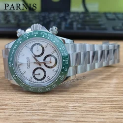 Parnis 39mm Men Sport Chronograph White Dial Green Bezel Watch Quartz VK63 Movement Wristwatch 24-hours Dial