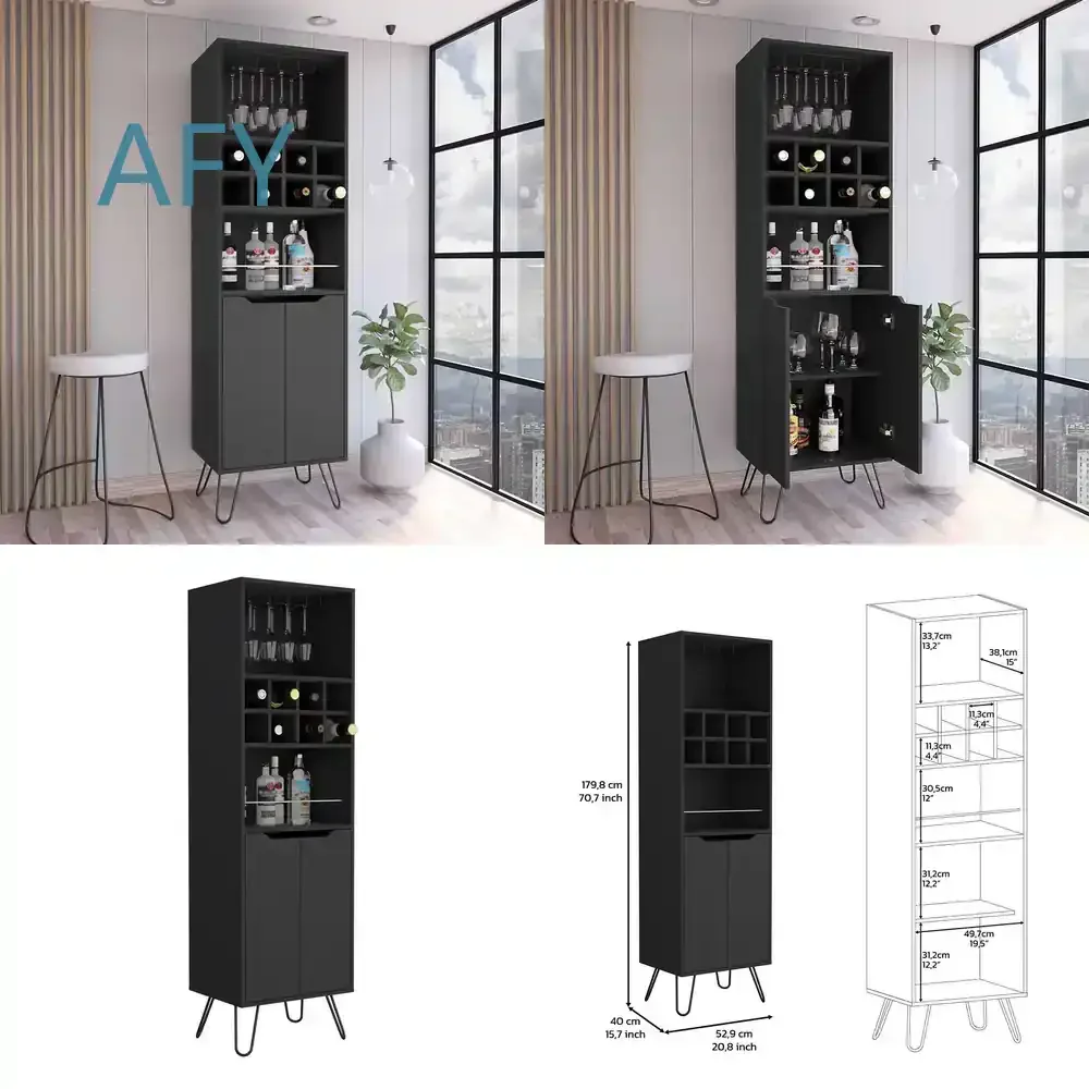 Zamna H Bar Cabinet for Wine Storage with 8 Built-In Wine Racks 4 Legs 4 Shelves Double Door Design Home Bar Furniture