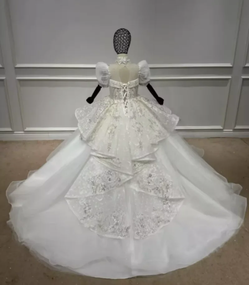 Luxury Princess Flower Girl Dress for Wedding Beaded Embroidery Ball Gown Kid First Communion Dress Lace Up Back Long Train