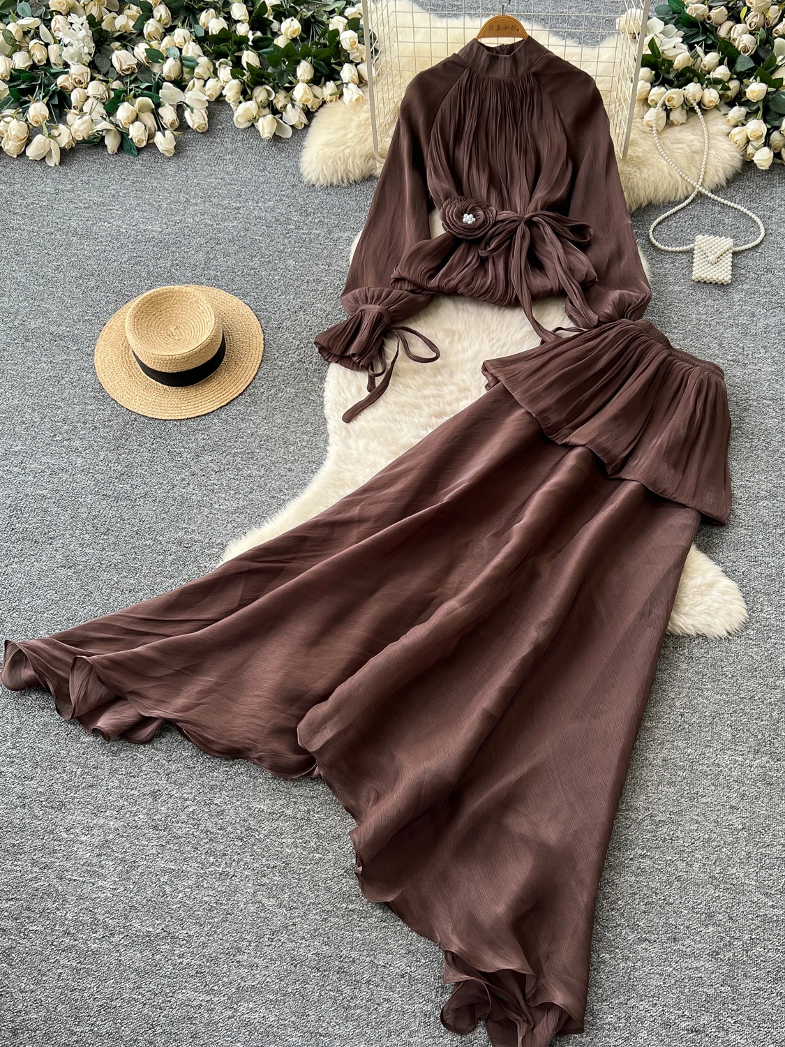 Women's Commute Style Pleated Shirt Skirt Set Two-Piece Suite Belted Slimming A-Line Midi Skirt Long Sleeve Casual Office Wear