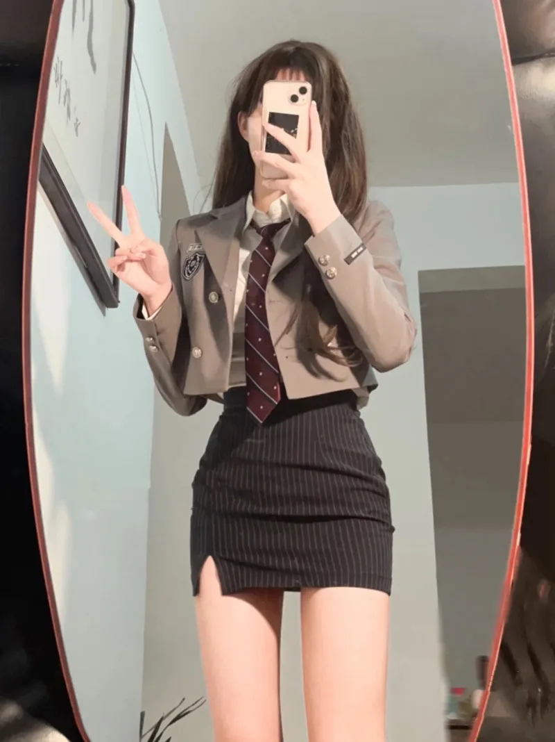 Korean College Suit Coat Shirt Stripe Hip Wrap Skirt Three Piece Set Women Split Single Breasted Lapel Sweet Spicy Autumn Wear