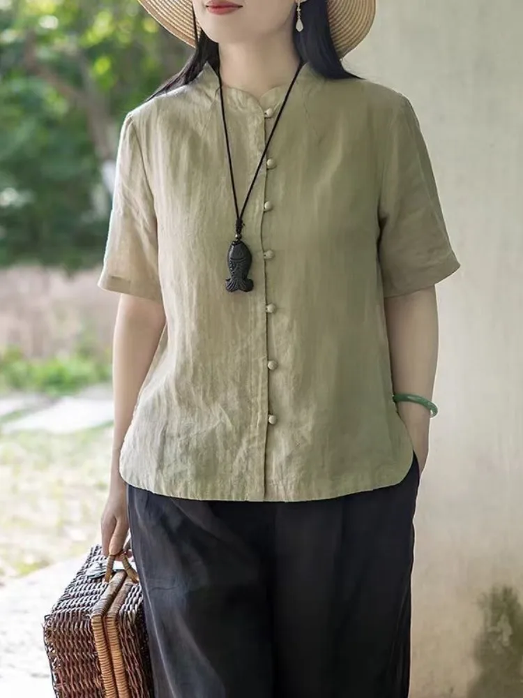 Cinese Sle Retro Bottone Cotone Lino Or Sve Irt Donna Estate Colore puro Semplice Zen Sle Lino Irt Top dimagrante...