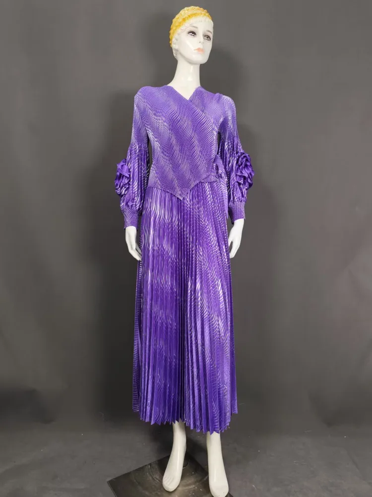 Eeonovni miyake design plissado vestido feminino bronzeamento decote em v manga floral reunidos cintura vestidos de festa 2025 novas roupas 1a933