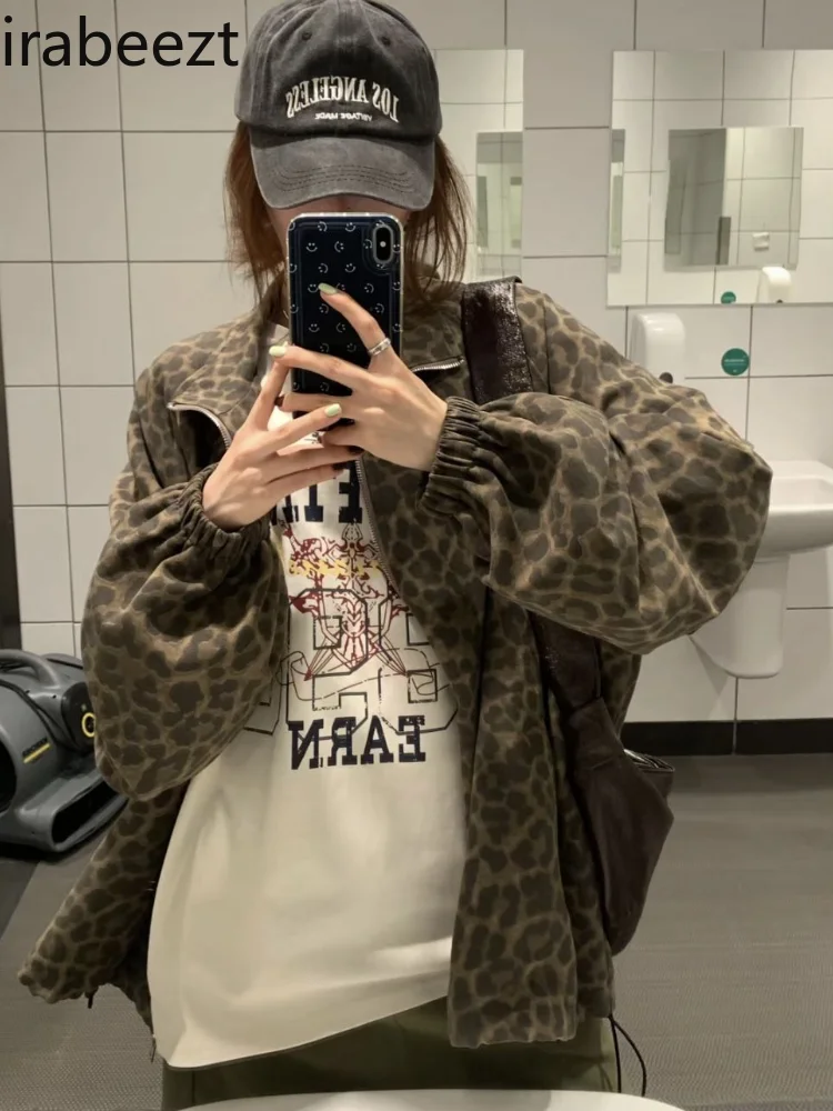 Autumn new retro leopard print coat loose personality all zippered cardigan Korean version of the top denim jacket women