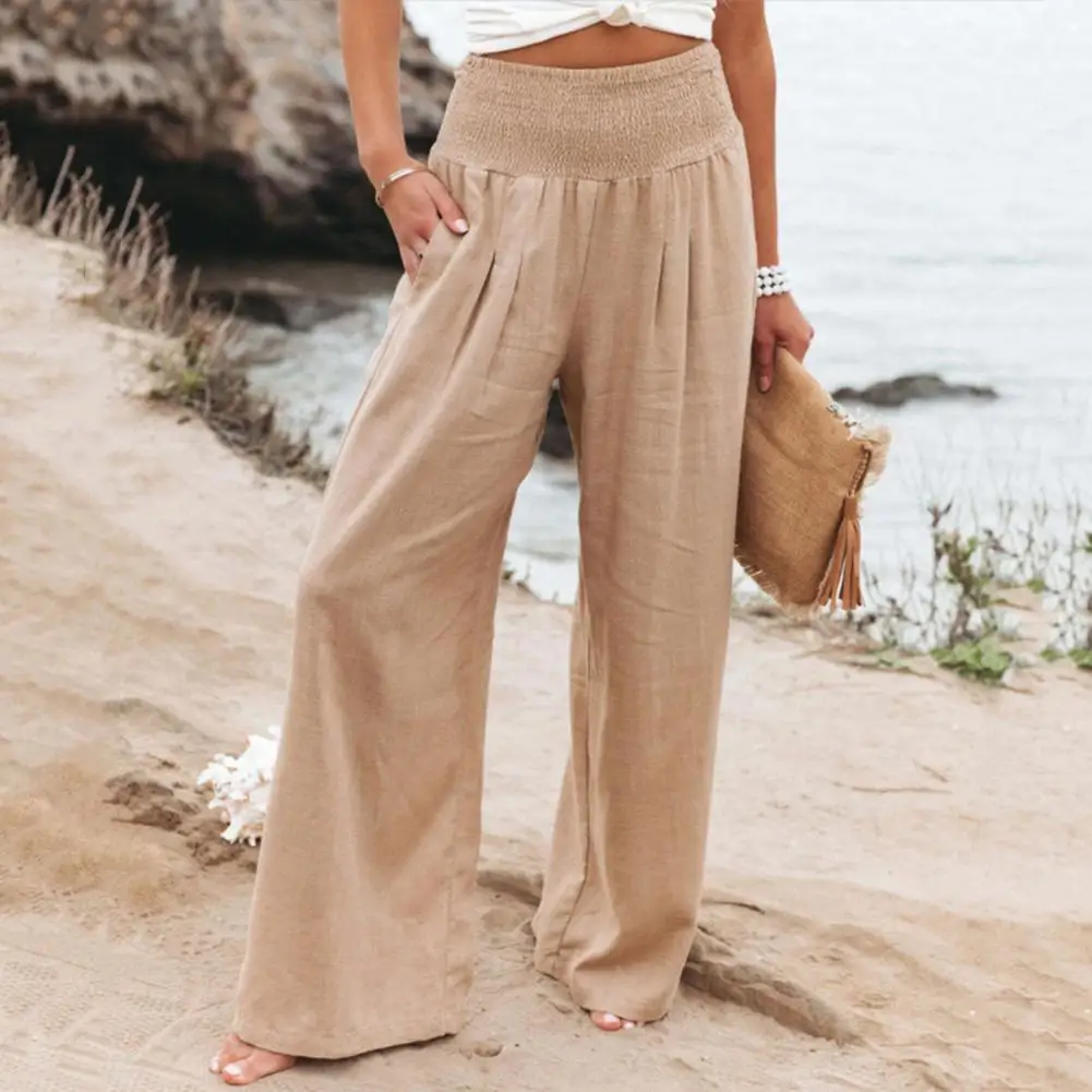 

Women Pants Solid Color Wide Leg Women's Summer Pants with Elastic Waist Pockets for Office Lady Casual Wear Loose for Spring