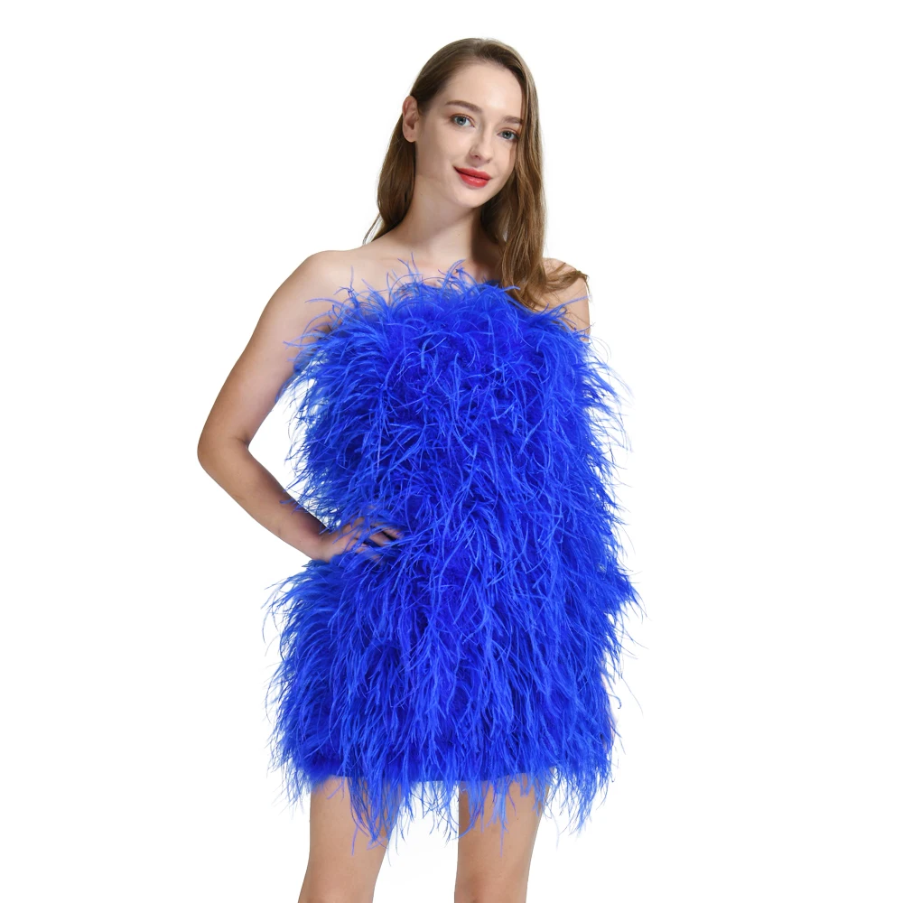 Jaxmonoy Ostrich Feather Chest Wrapping Dress For Women Sexy Strapless Party Gowns Lady Mini Cocktail Dresses Fashion Prom Dress