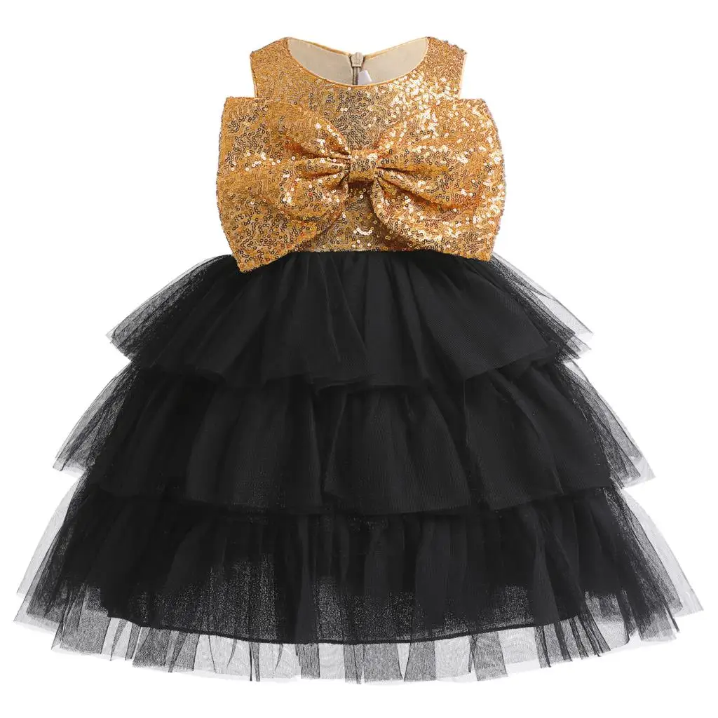 Beadings Girls Mesh Dress 2024 Summer New Female Baby Birthday Party Dresses Golden Color Bow Lace Princess Dress 2-10T