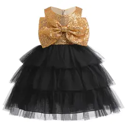 Beadings Girls Mesh Dress 2024 Summer New Female Baby Birthday Party Dresses Golden Color Bow Lace Princess Dress 2-10T