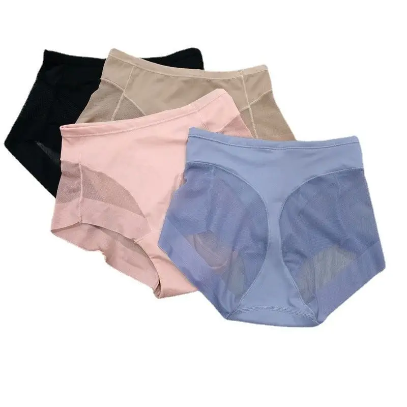 High Waist Ice Silk Shaping Briefs triangle pants transparent mesh waist cinching and comfortable fit ice silk women's underwear