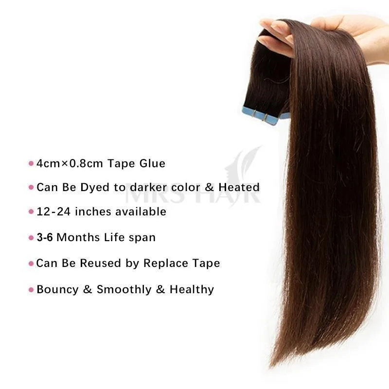 MRSHAIR Tape in Hair Extensions Human Hair Silky Straight Skin Weft Adhesive Tape on Hair Thick Ends 12-24 Inch Tape Ins 20PCS