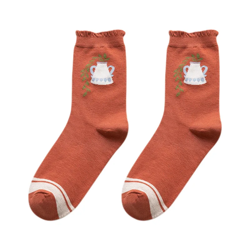 2 Pairs Spring Summer Women's Socks With Caramel Color Cartoon Tide Mid-tube Socks Autumn Winter Cotton Socks Forest Series