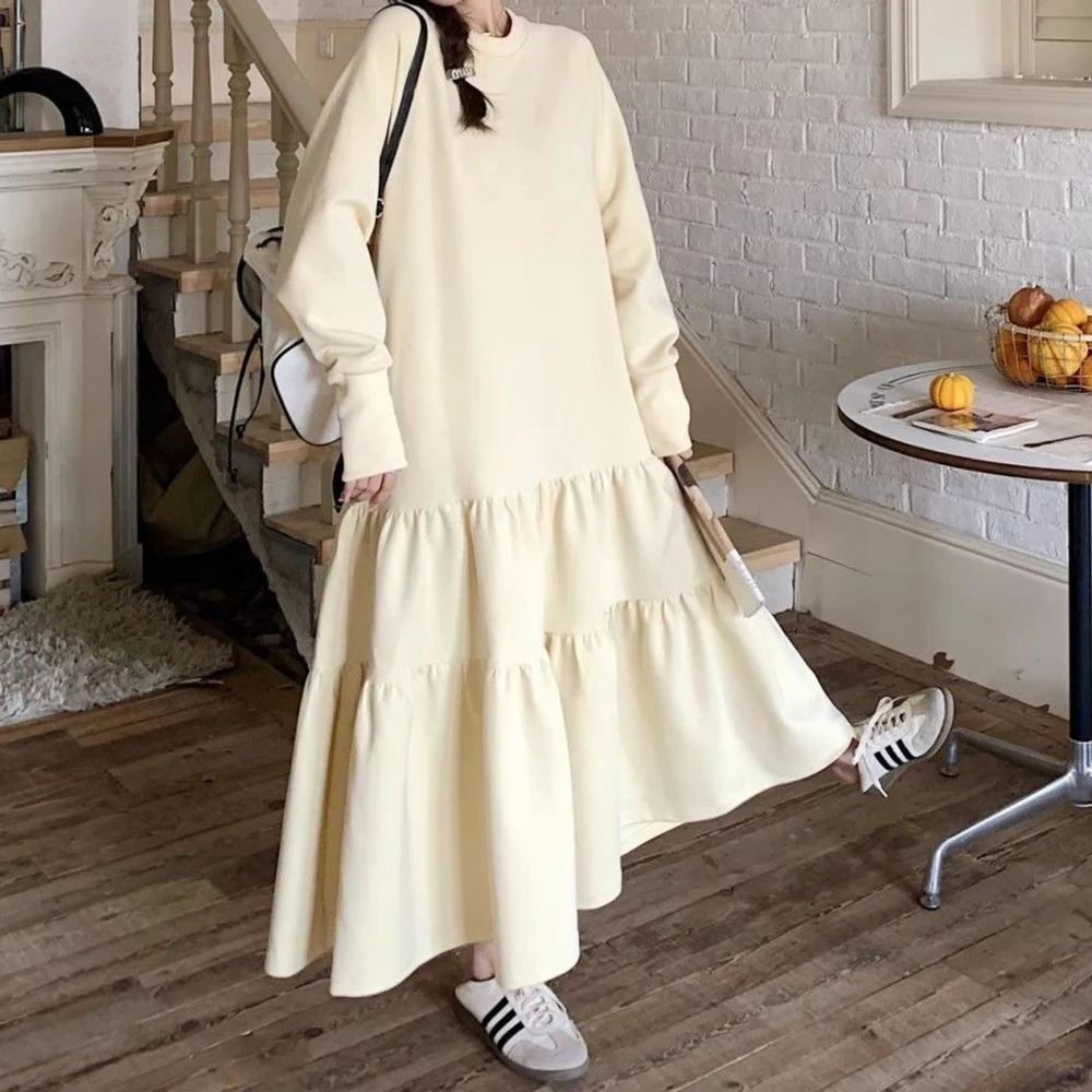 

Lotus leaf edge long-sleeved long sweater dress spring and autumn loose belly cover and thin A-shaped skirt