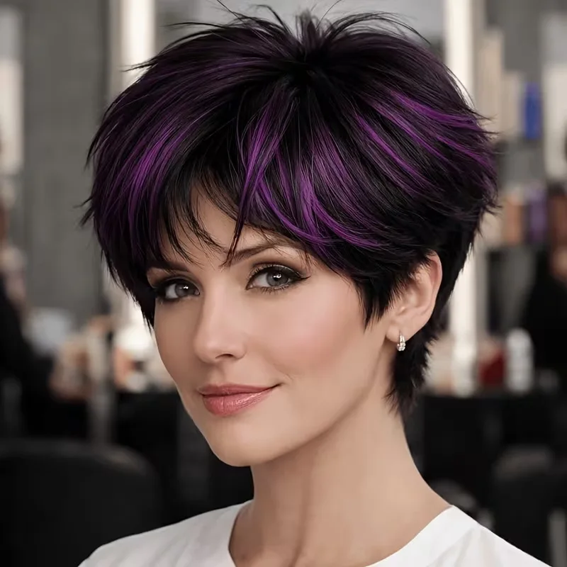 Black Purple Highlight Short Cosplay Wig Full Headpiece Trendy Stylish Wig Easy Shaping