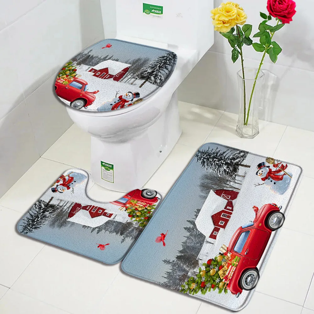 Christmas Bath Mats Set Farm Truck Snowman Winter Forest Natural Scenery Home Bathroom Decor Door Rug Anti-Slip Toilet Cover Mat