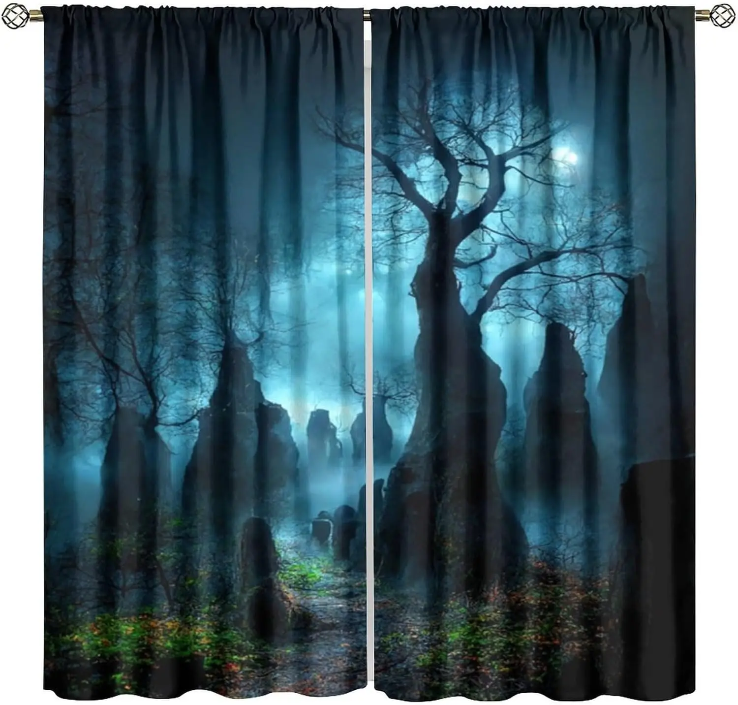 Gothic Spooky Curtains with Misty Foggy Mysterious Scenes; Haunted Creepy Landscape Fantasy Window Drapes for Bedroom & Living R