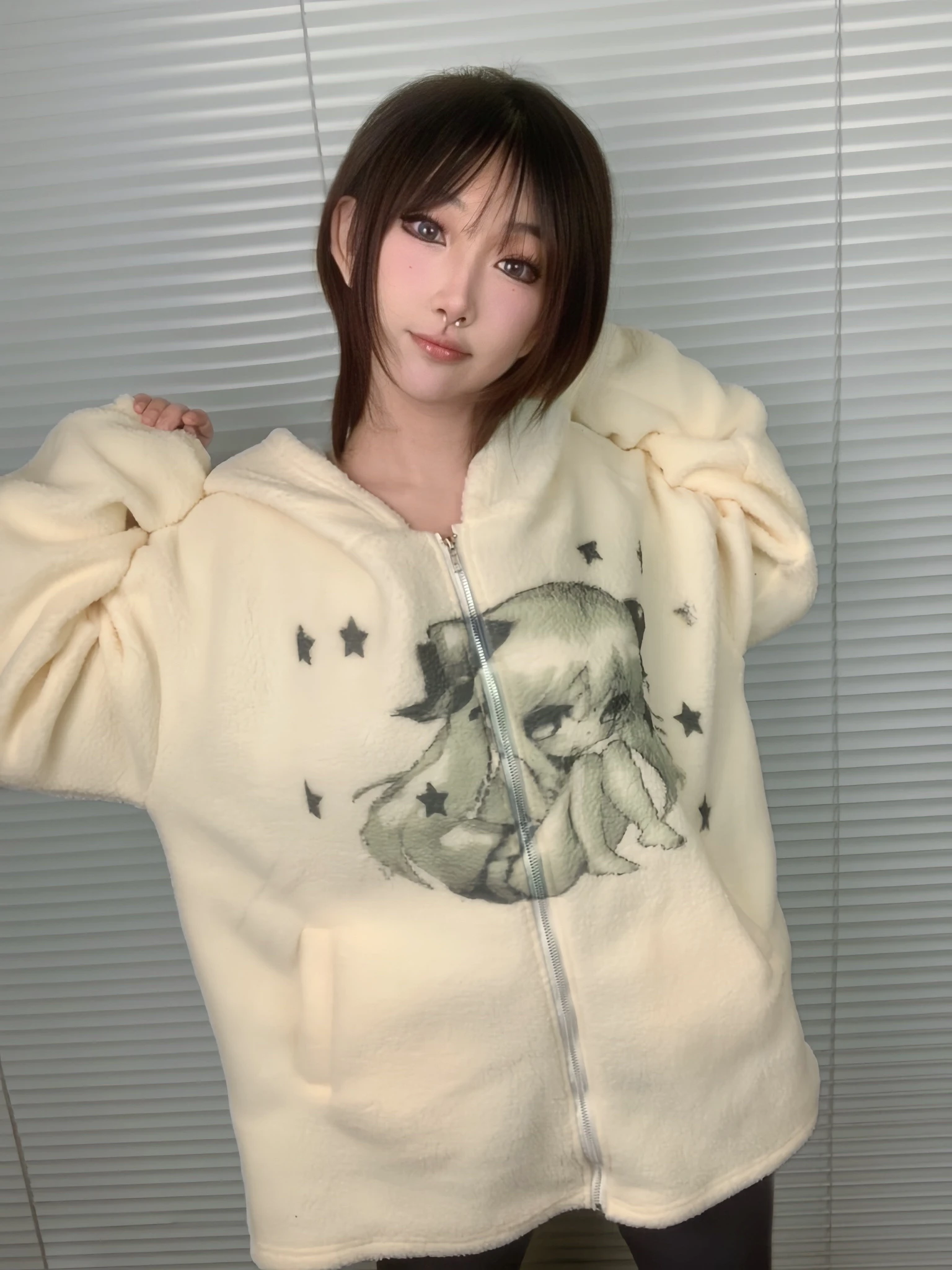 Fleece Mit Kapuze Frauen Japanischen Cartoon Druck Dicke Warme Zipper Langarm Sweatshirts Y2k Casual Jacke Kawaii Outwear