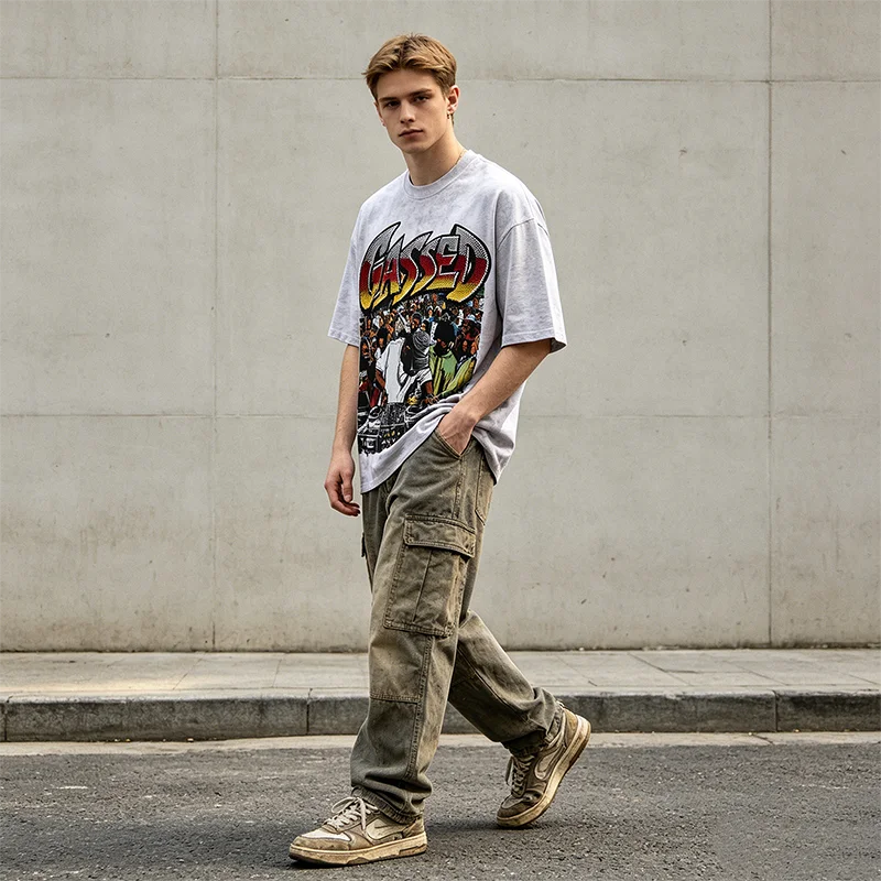 Weißes Acid Wash T-Shirt für Herren mit Strass-DJ-Konzert-Grafik Übergroßes Grunge Baumwoll-Sommer-Y2K-Streetwear-T-Shirt im Vintage-Stil – Detail 2