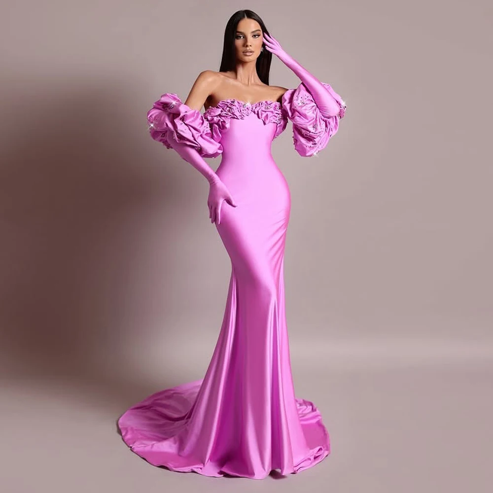 Preciosos vestidos de noche de sirena rosa con mangas desmontables, volantes con cuentas, vestido de fiesta Formal Floral, vestidos de fiesta