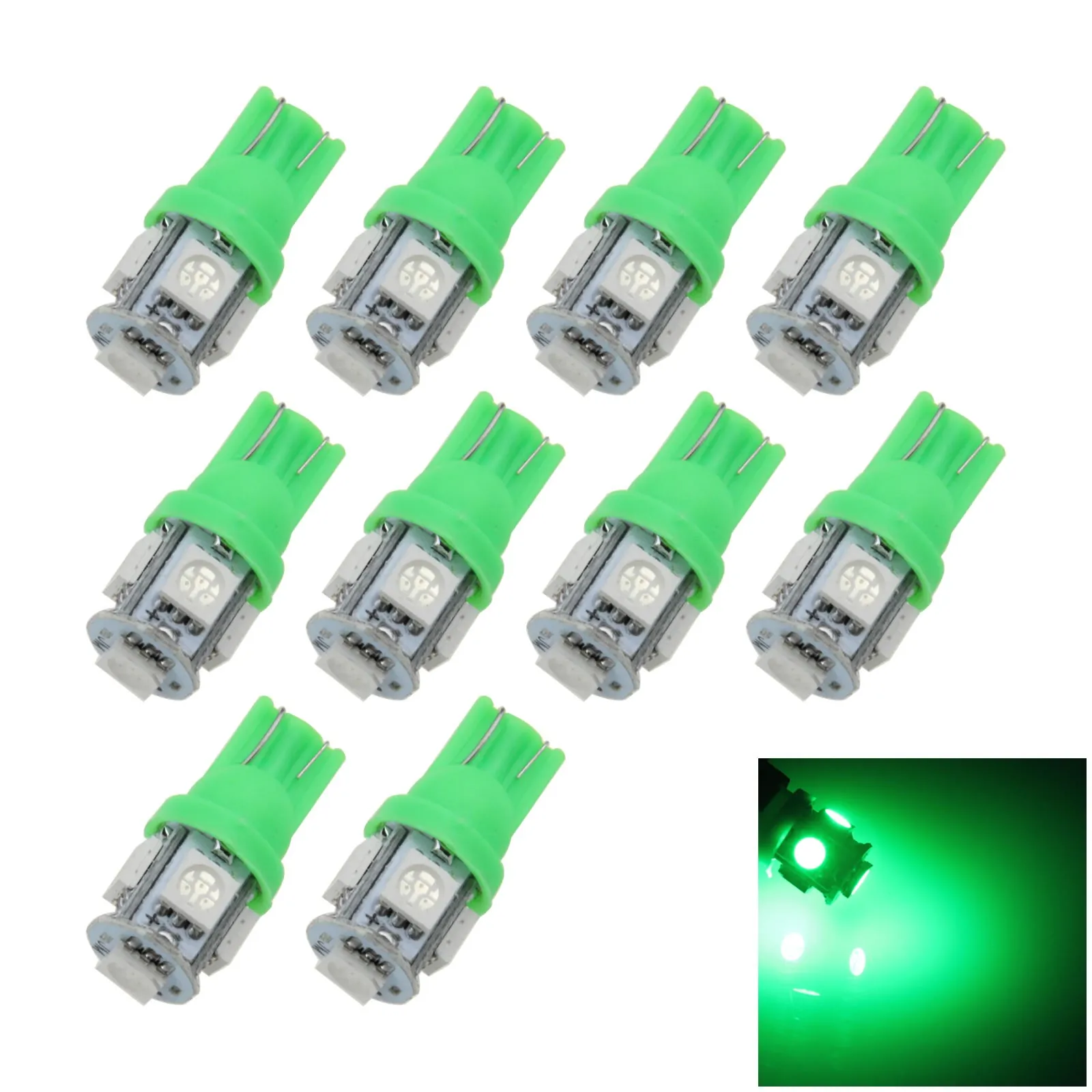 10x Green Car T10 W5W Tail Bulb Clearance Lamp 5 Emitters 5050 SMD LED 194 259 2525 A007-G