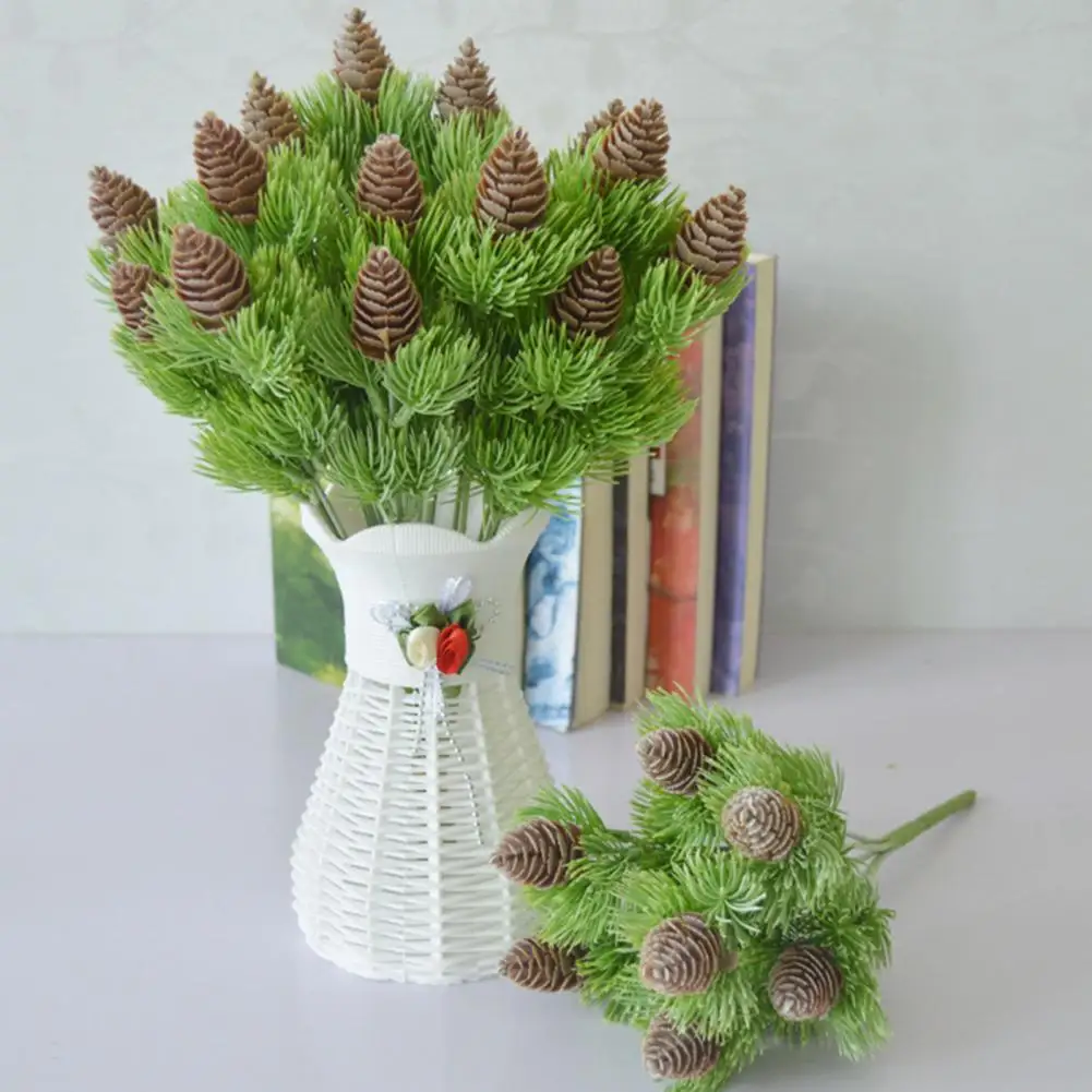 2Bouquets Artificial Plant 7-pronged Easy To Care Plastic Fake Branches With Simulation Pine Cones For Home