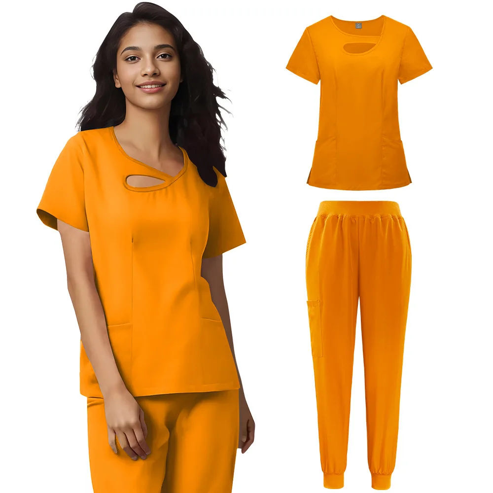 プラスサイズセクシーな透かし彫り医療用女性用無地新色ナースユニフォームスクラブセット速乾性