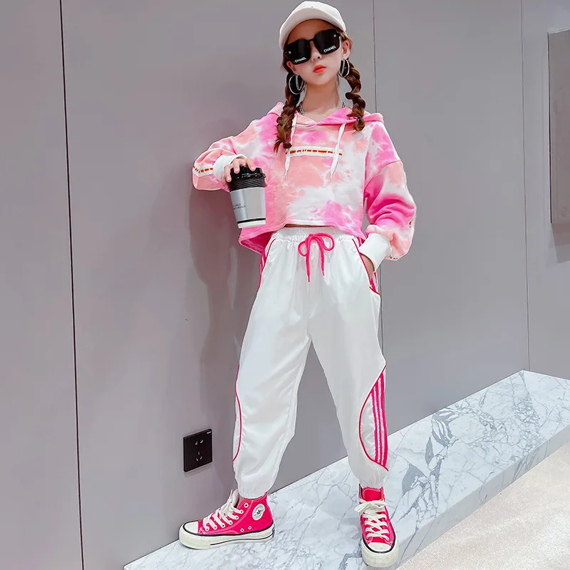 Girls' Autumn Suit 2023 New Fashionable Stylish Tie-Dyed Hooded Sweater Casual Pants Sports Two-Piece Set Girls Clothes  7-12y