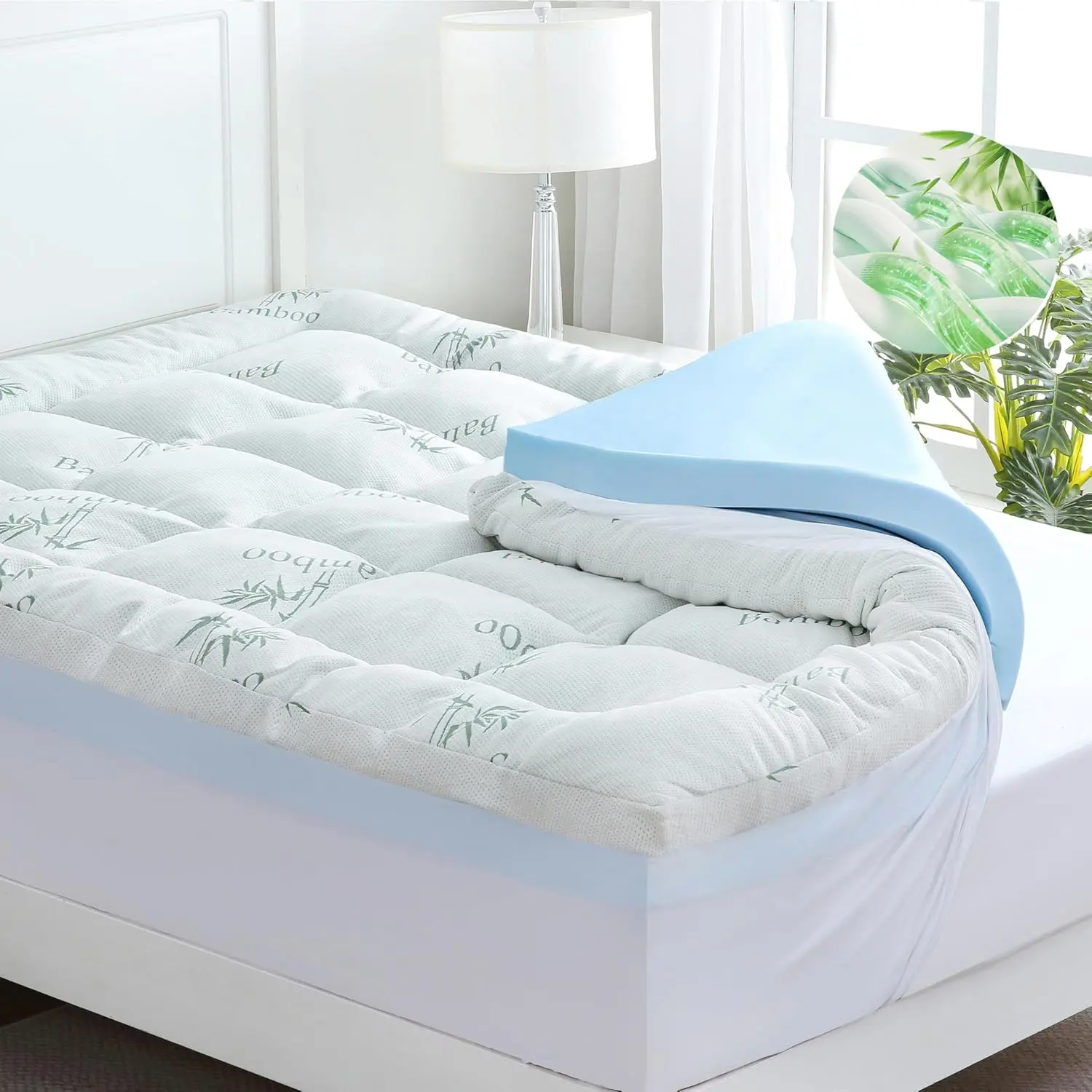 

Dual Layer 4 Inch Memory Foam Mattress Topper Queen - Gel & Pillow Top, Soft Breathable Bamboo Viscose for Back Pain Relief