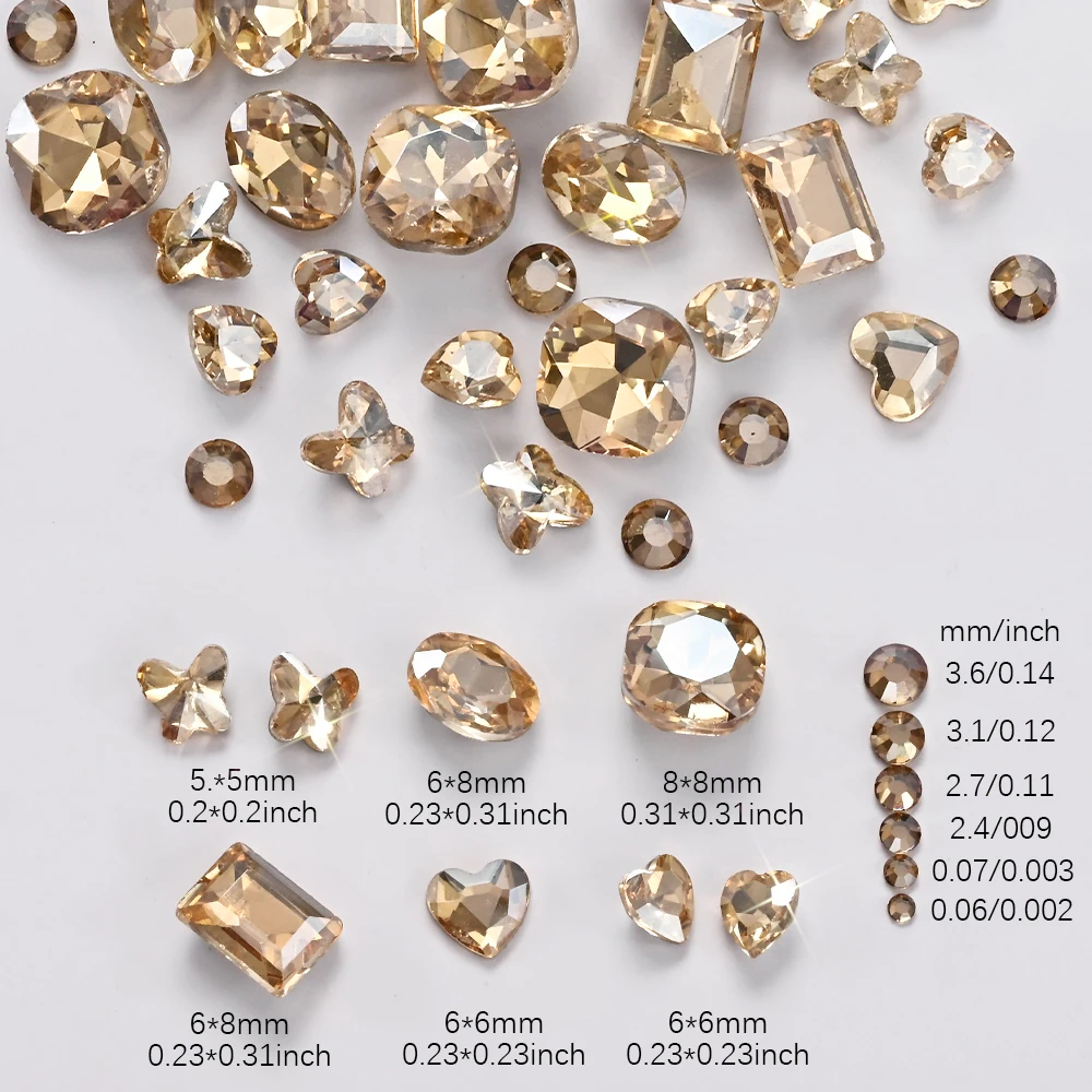 12 Grids 3D Champagne Nail Art Rhinestones Mixed Round,Fat Square,Heart,Butterfly Glass Diamond Nail Charms DIY Manicure Decor *