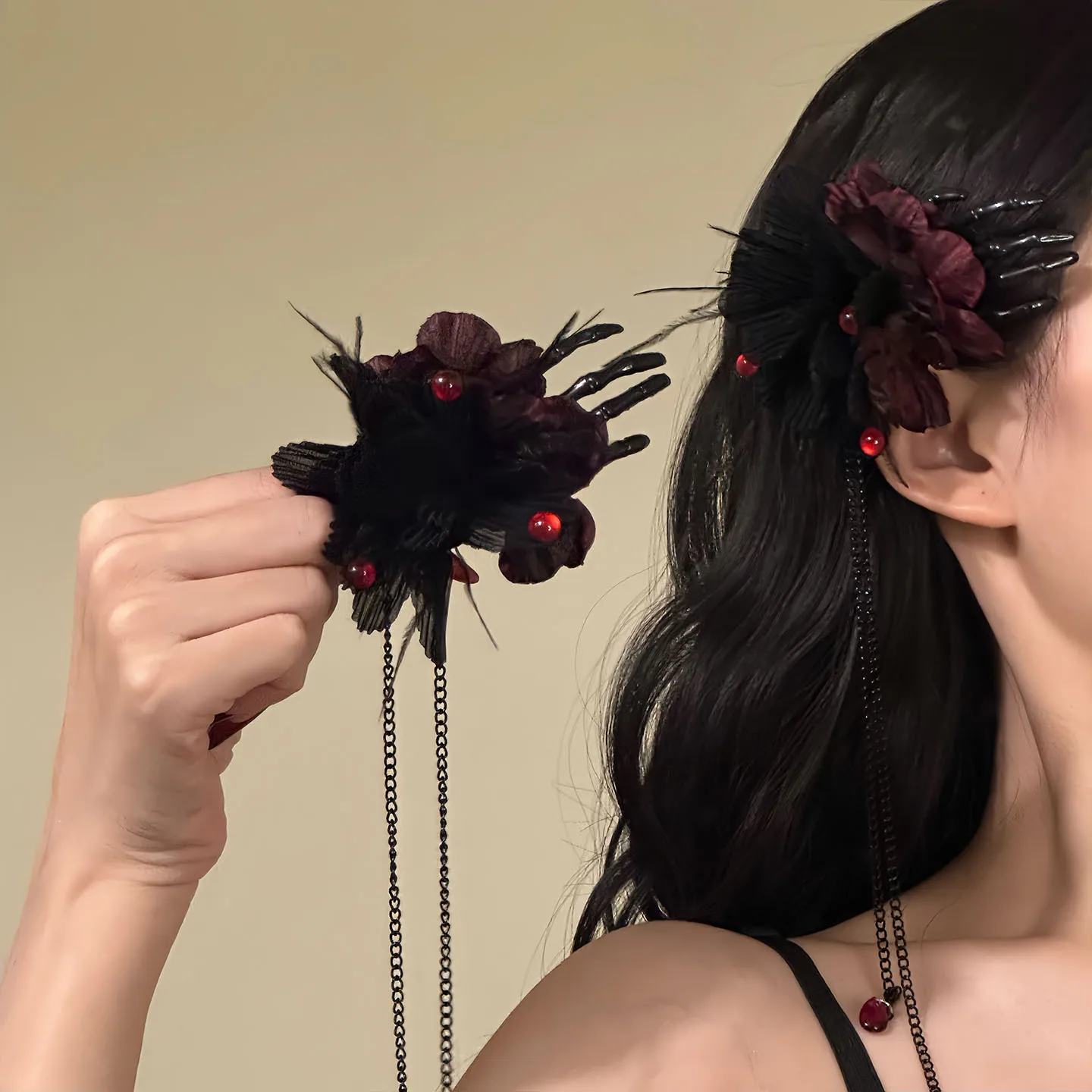 

Halloween Dark Black Rose Flower Hair Clip Long Tassel Side Clasp Funny Costume Hair Accessory