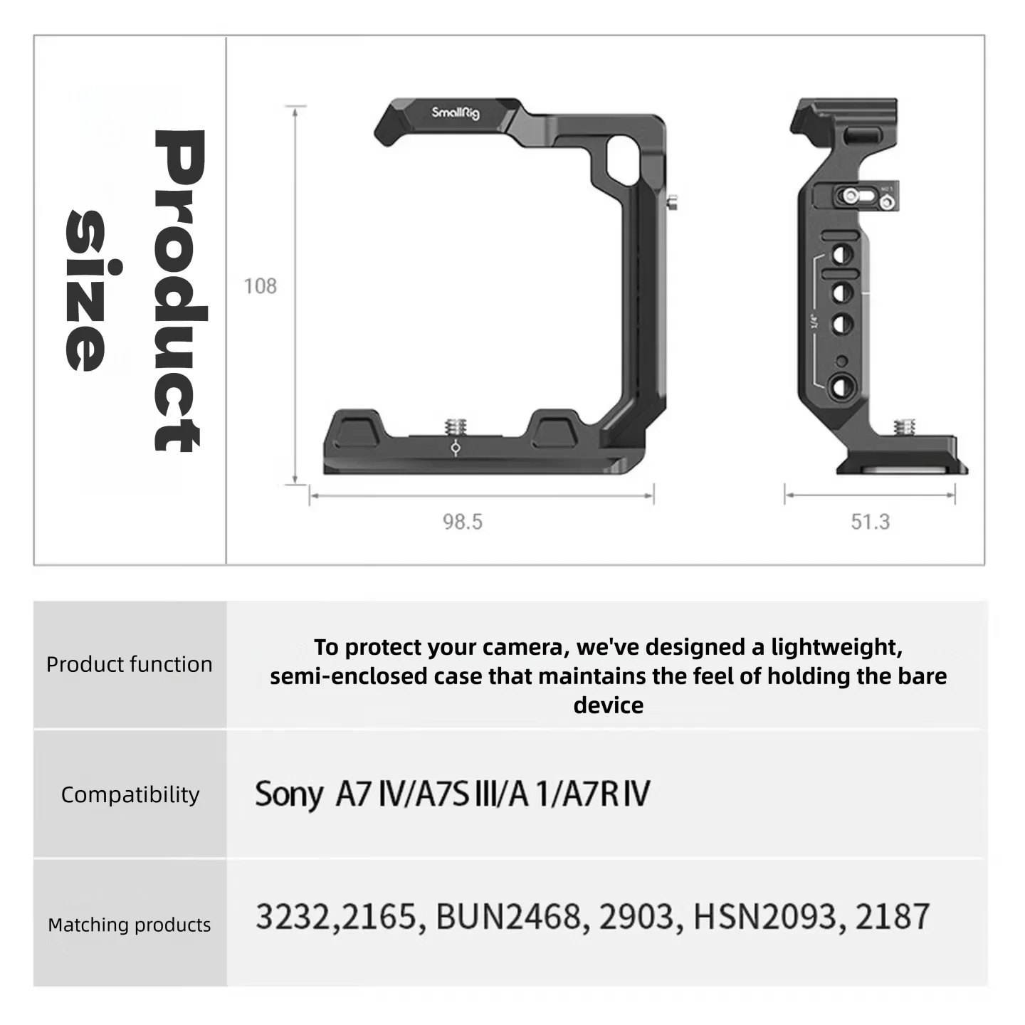 SmallRig Half‑Cage for Sony A7R6/A7M5/A7M4/A7R5/A7R4/A7S3/A1, Mirrorless Camera Expansion Frame, Video Live‑Stream Accessory