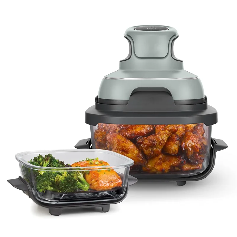 5-In-1 Portable Glass Air Fryer with Baking Function, 4QT 2.5QT 6 Cup Container, Fresh Plate, Storage Cover, Microwave Oven