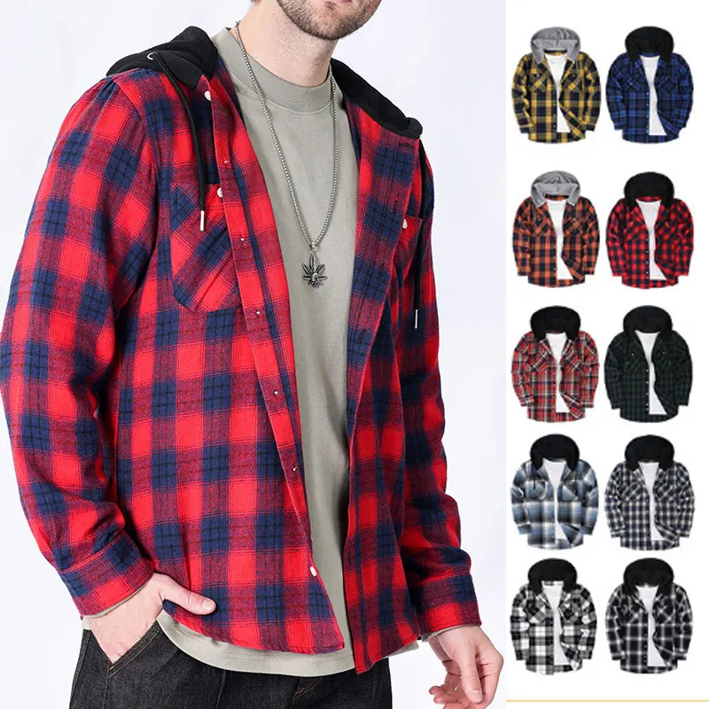 New American size men\'s long-sleeved shirt spring and autumn flannel coat plaid casual non-ironing large size hat fashion