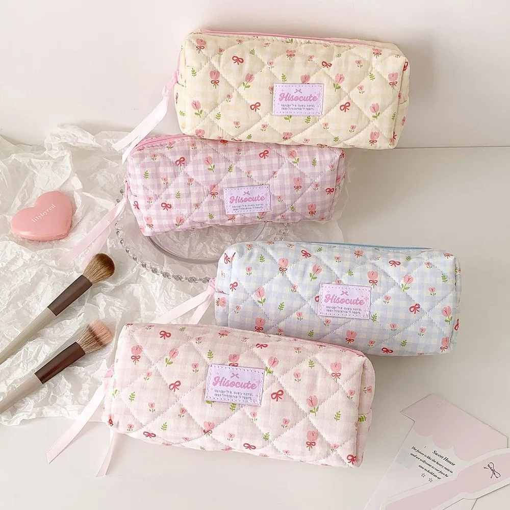 Floral Pattern Pencil Case Bow Pattern Wrist Strap Stationery Case Multi-Compartment Zipper Closure Zipper Pouch