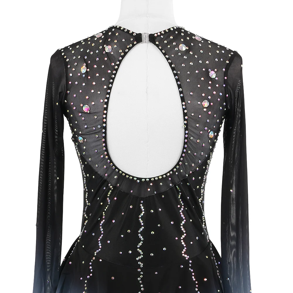 ZAGITOVA Figure Skating Dress For Women And Girls Long Sleeved Ice Skating Clothes Black And White Gradient With Rhinestones