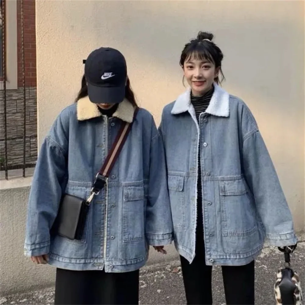 Herfst Winter Dikke Streetwear Blauw Plus Fluwelen Denim Jas Vrouwen Koreaanse Oversized Korea Stijl Vrouw Jas Casual Warm Los