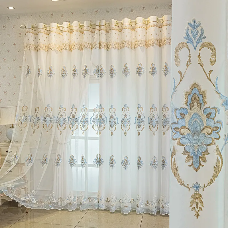 Elegant Blue Gold Embroidered Double Layer Curtain European Style Sheer Voile with White Cloth for Bedroom Living Room