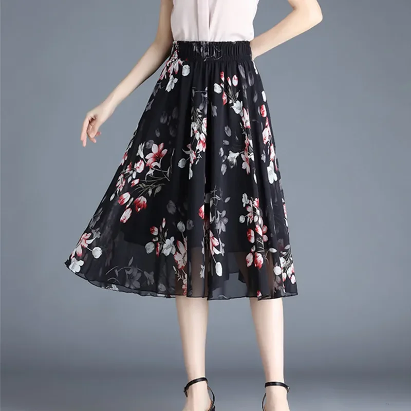 

Summer Black Skirts Women Chiffon Saia Casual Bottom Woman Clothes Faldas Ropa Mujer Tutu Midi High Waist Skirt Ladies Vestidos