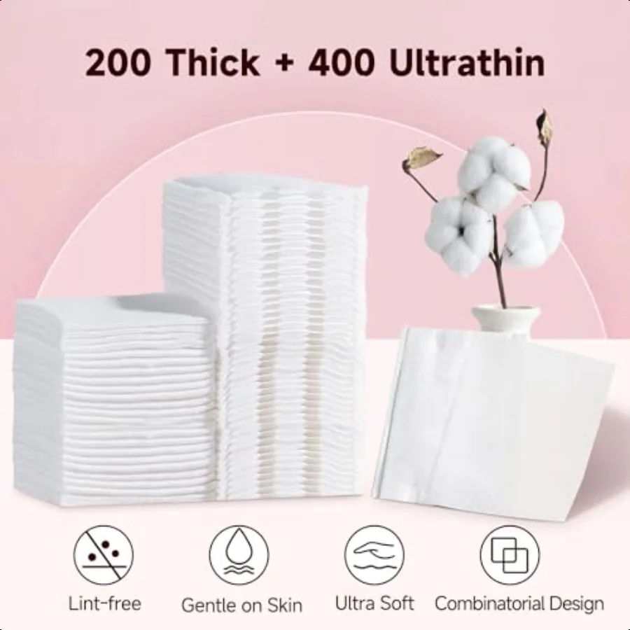 600 PCS Square Cotton Pads Soft and LintFree Includes 400 UltraThin and 200 Thick Pads Hypoallergenic Makeup Remover for Face E