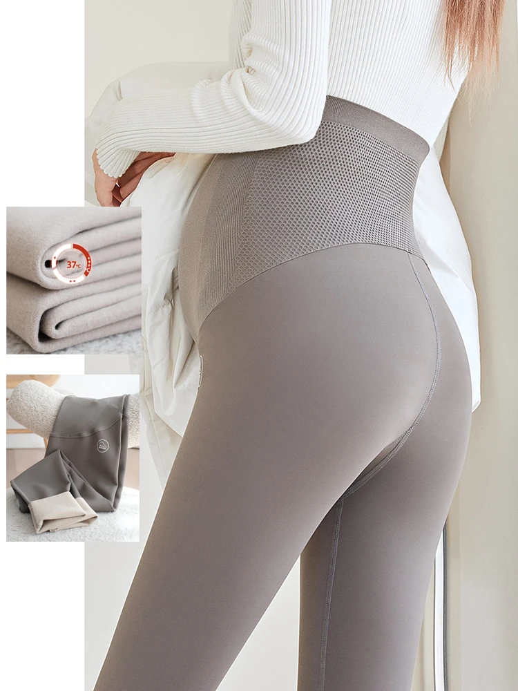 

Warm Maternity Fleece Leggings Short Plush Maternity Clothes Autumn and Winter Clothes Supporting Abdomen Pants Mom