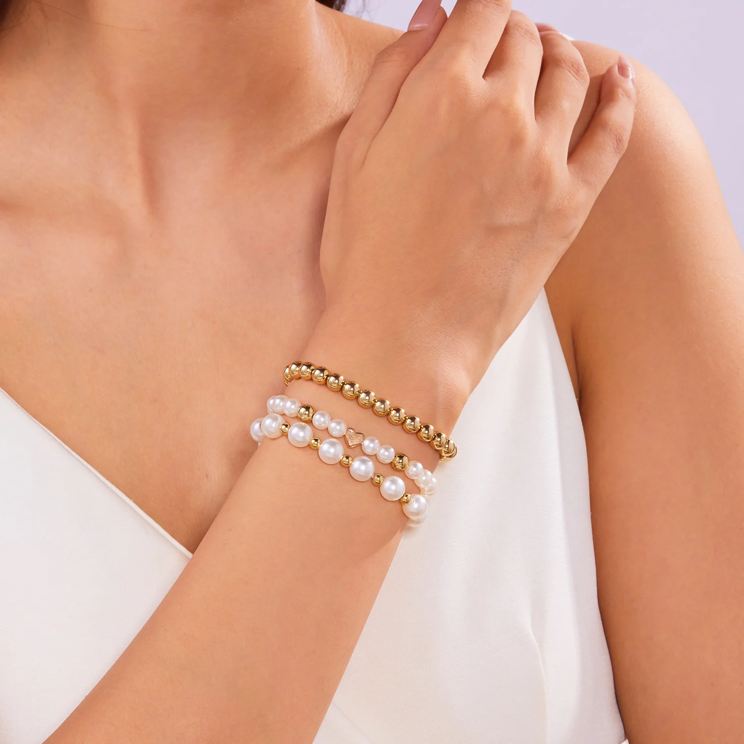 3 Pcs/Set Elegant Imitation Pearls Handmade Beaded Bracelets for Women VIntage Gold Color Beads Bracelet Wedding Jewelry Gifts image 3