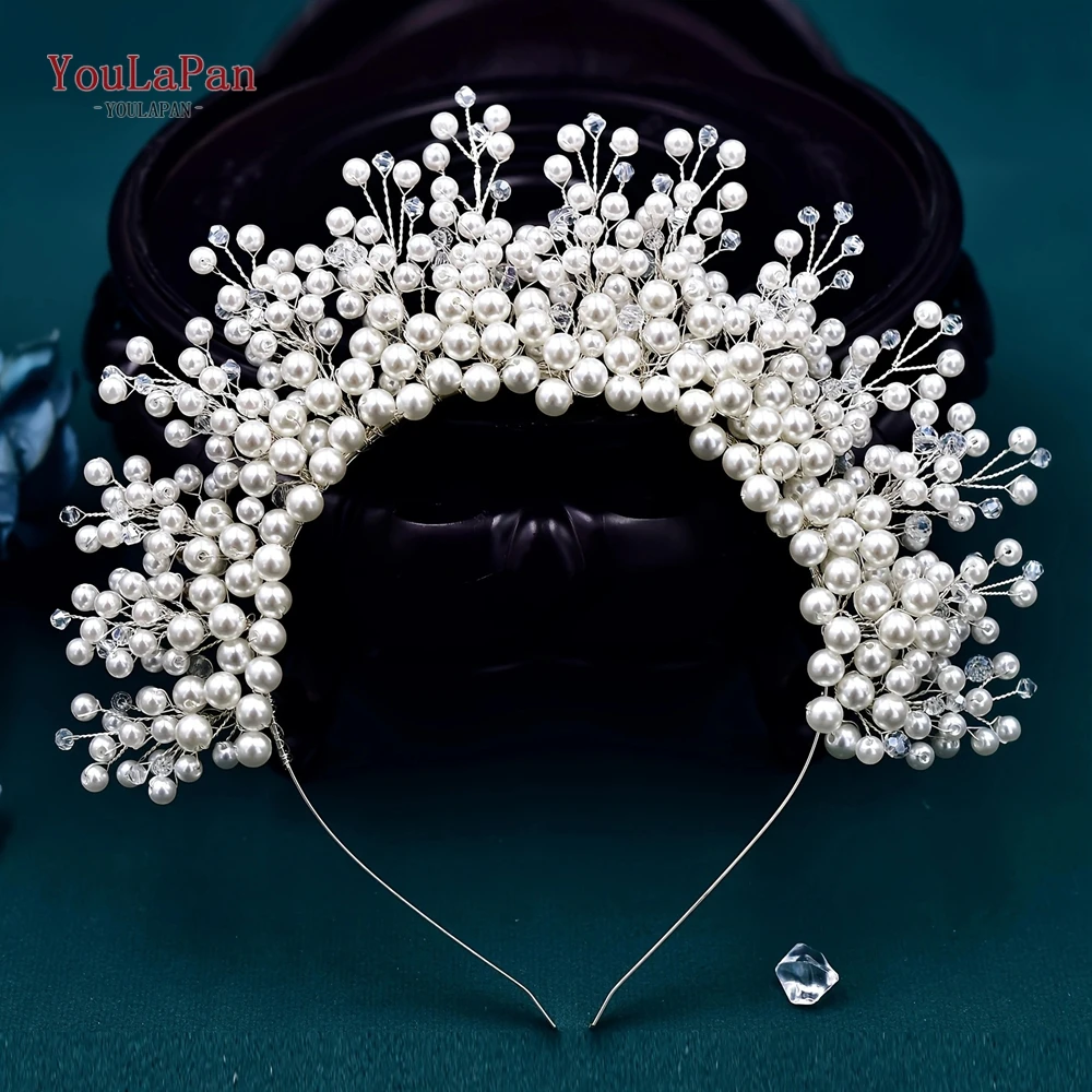 

YouLaPan White Pearl Bridal Headband Women Handmade Wedding Headband Crown Fashion Party Hair Accessories Bridesmaid Tiara HP598