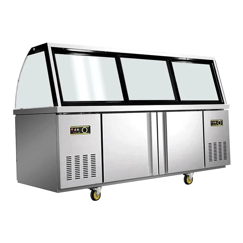 Doppeltemperatur-Vitrine für gekochte Lebensmittel. Kommerzieller, gekühlter Frischhalt-Gefrierschrank aus gefrorenem Glas
