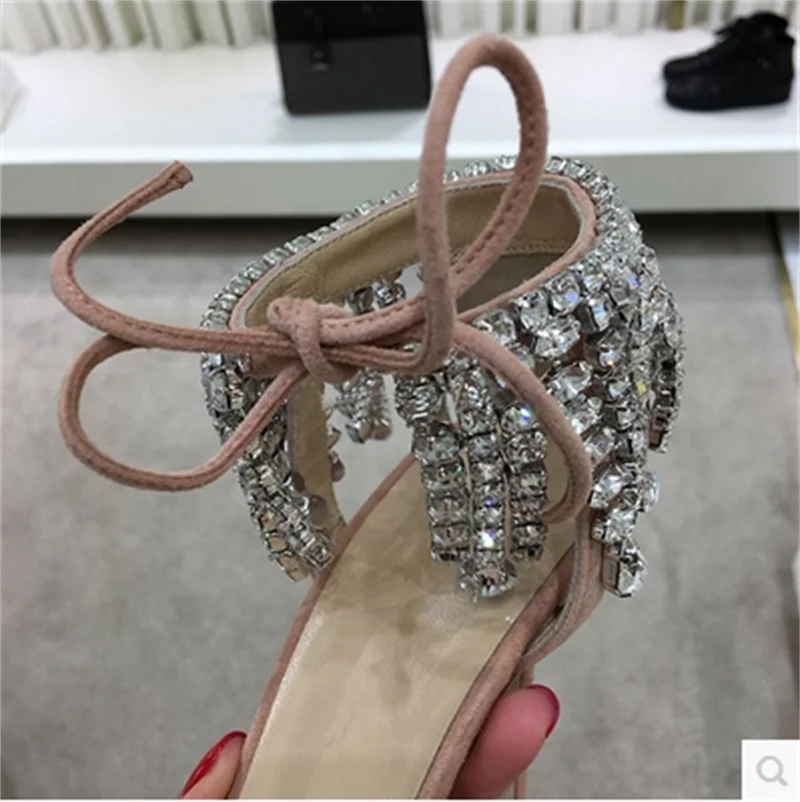 Crystal Chain Pink Stiletto Summer Cover Heels Ladies Shoes Open Toe Women Sandals Female Pumps Dress Zapatos Mujer