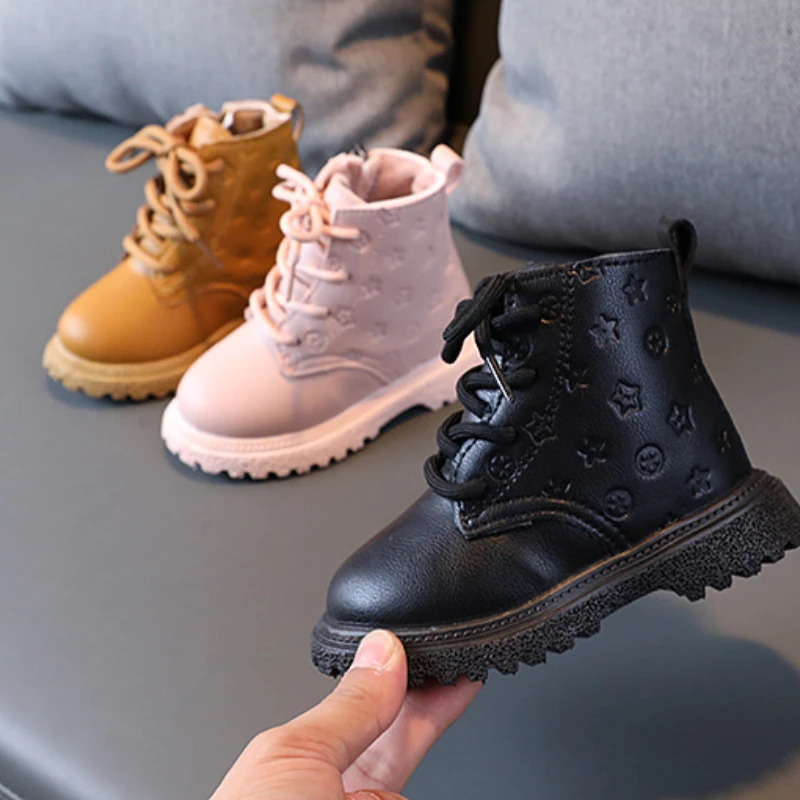 Botas Girl Shoe High Top Kid Shoe2023winter Fashion Child Boot Boy Leather Shoe Allmatch Ankle Boot Warm Girl Boot Bota Infantil