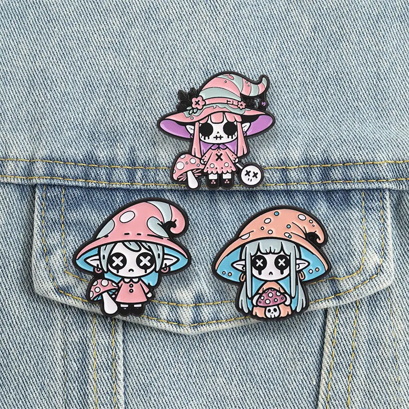 Goth Mushroom Witch Elf Badge Creepy Cute Spooky Doll Enamel Pin Cartoon Halloween Wizard Lapel Brooch Accessories Gift