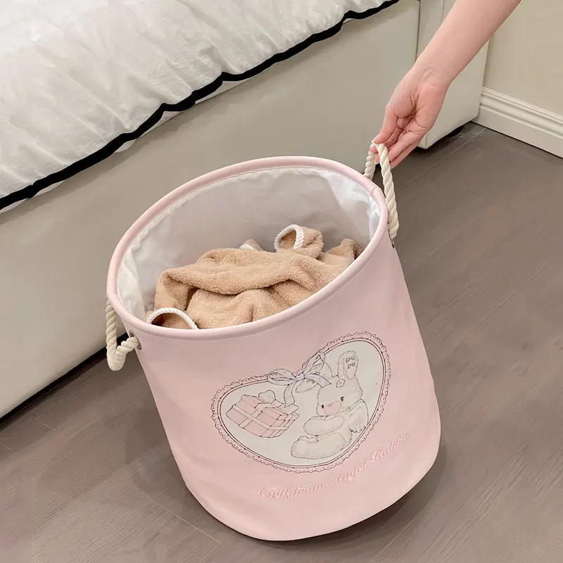 Collapsible Pink Laundry Basket for Baby Girls Round Cartoon Bear Rabbit Nursery Hamper Toys Storage Basket For Bedroom Décor