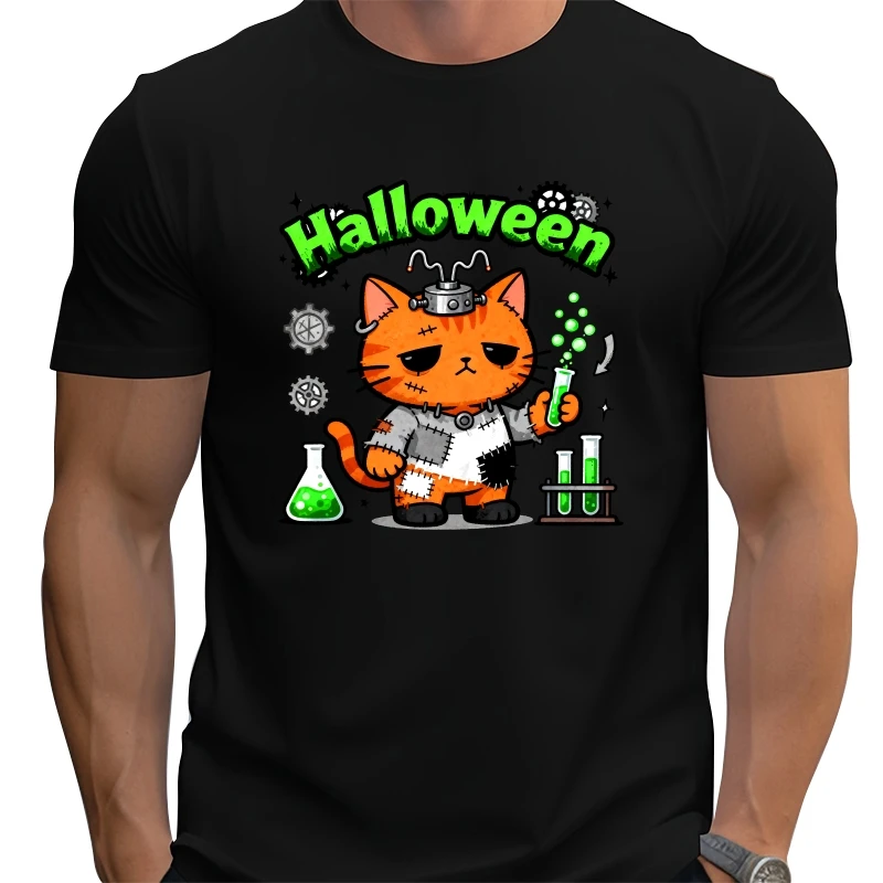 

Fun Halloween cat cartoon unisex T-shirt lightweight everyday style Street Hip Hop 100% Cotton Top